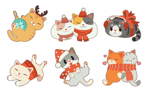 Die sammlung der netten katze mit weihnachtsmotiv auf dem weißen hintergrund Premium Vektoren
