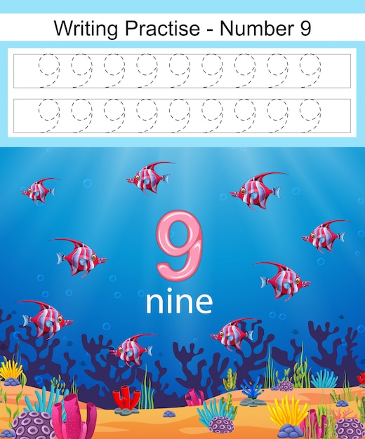 Die schreibpraxis nummer 9 mit fisch in unterwasser Premium Vektoren