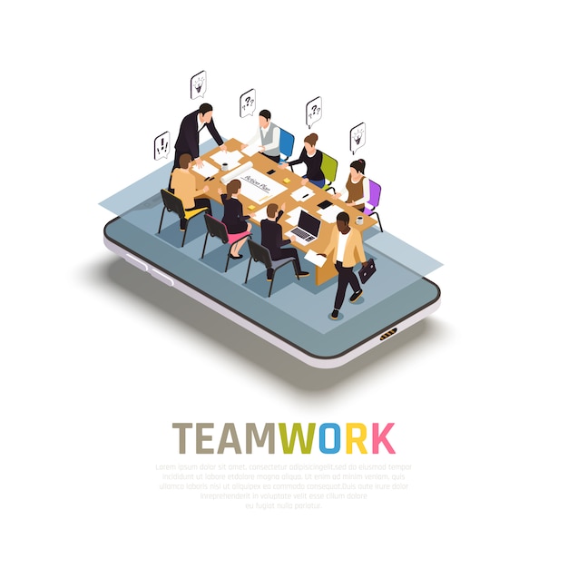Die Teamwork Zusammenarbeit Kommt Der Isometrischen Komposition Auf Dem Smartphone Zugute Die Gruppenarbeit Teilt Ideen Um Gemeinsam Entscheidungen Zu Treffen Kostenlose Vektor