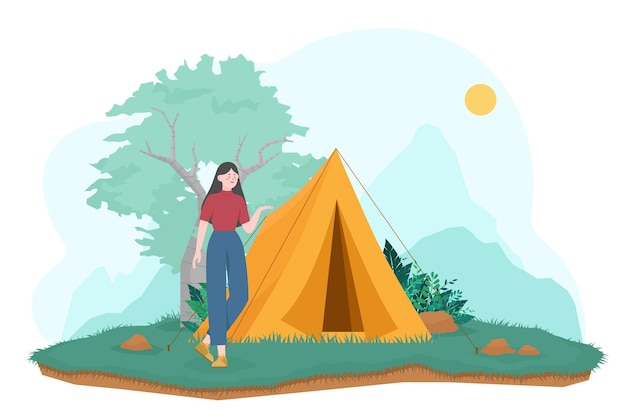 Die Touristische Frau Die Vor Dem Campingzelt Steht Naturabenteuercampingillustration Im Freien Kostenlose Vektor