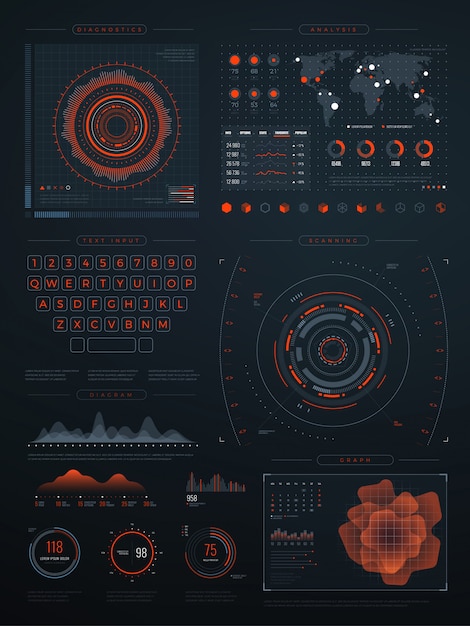 Digitale futuristische virtuelle schnittstelle. vektortechnologiebildschirm mit datendiagrammen. abbildung der schnittstelle mit den daten digital Premium Vektoren