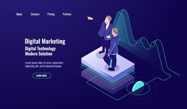 Digitales marketing der analytik, isometrisches konzept, teamarbeit, geschicklichkeit lehren, studienarbeiter, dunkles neon Kostenlosen Vektoren
