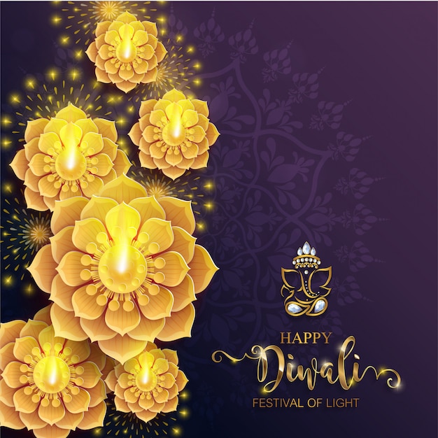 Diwali, deepavali oder dipavali, das festival der lichter indiens mit gemustertem golddiya und kristallen auf papier Premium Vektoren