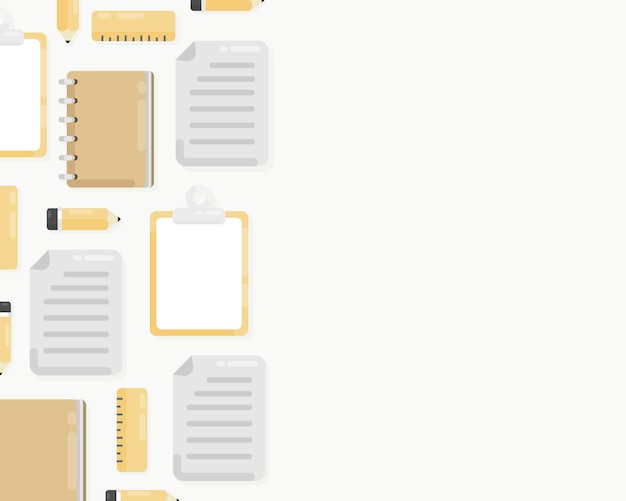 Draufsicht des arbeitsplatzhintergrundes mit papieren, notizbuch, bleistift, klemmbrett. büroarbeitsplatz mit briefpapier in der draufsicht. flacher laienstil. hintergrund mit textfreiraum. Premium Vektoren