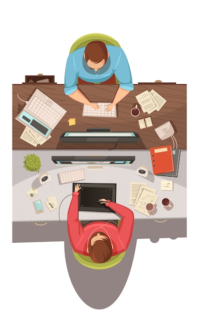 Draufsichtkonzeptkonzept des geschäftstreffens mit zwei geschäftsmännern, die in ihren jobs sitzen und karikaturvektorillustration der probleme flache besprechen Kostenlosen Vektoren