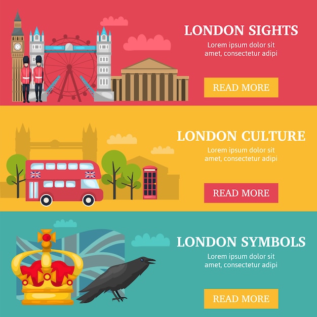 Drei Horizontale Londoner Banner Mit Londoner Sehenswurdigkeiten Kultur Und Symbolbeschreibungen Kostenlose Vektor