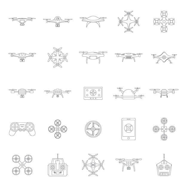 Drohnenkamera quadcopter icons set Premium Vektoren
