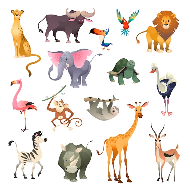 Dschungel Wilde Tiere Savannah Wald Tier Vogel Safari Natur Afrika Tropischen Exotischen Wald Meeressaugetiere Cartoon Set Premium Vektor