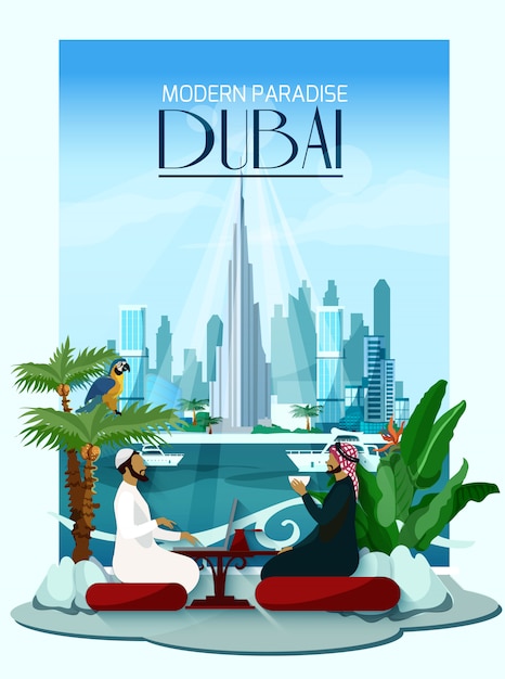 Dubai City Poster Mit Burj Khalifa Und Wolkenkratzern Kostenlose Vektor