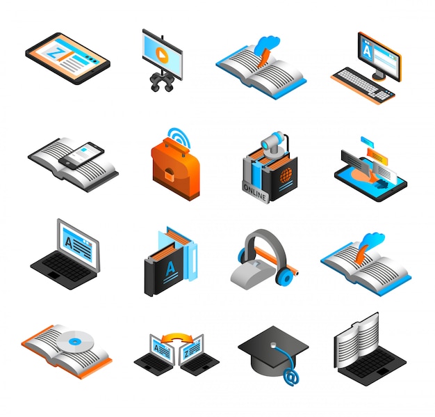 E-learning isometrische icons set Kostenlosen Vektoren