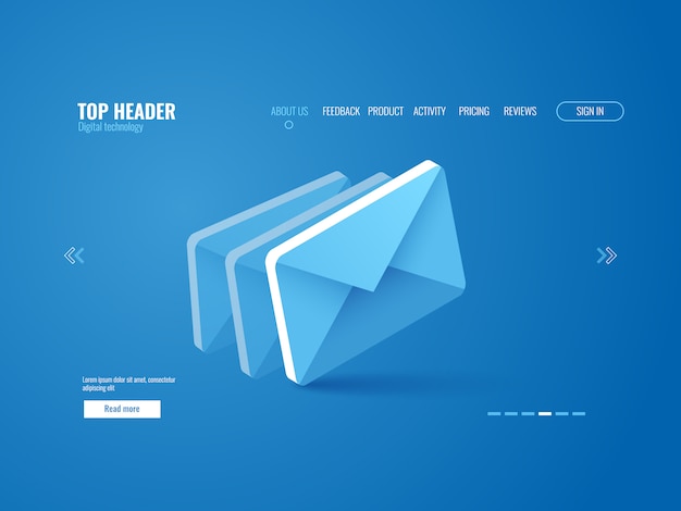 E Mail Symbol Isometrisch Website Seitenvorlage Auf Blauem Hintergrund Kostenlose Vektor