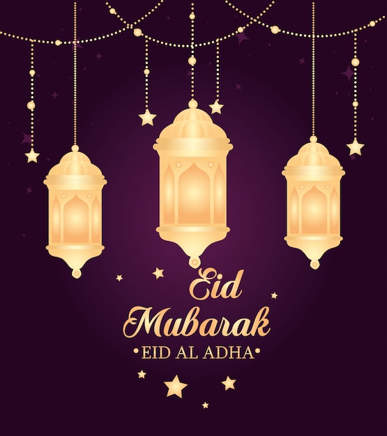 Eid Al Adha Mubarak Frohliches Opferfest Mit Laternen Und Sternen Als Dekoration Premium Vektor