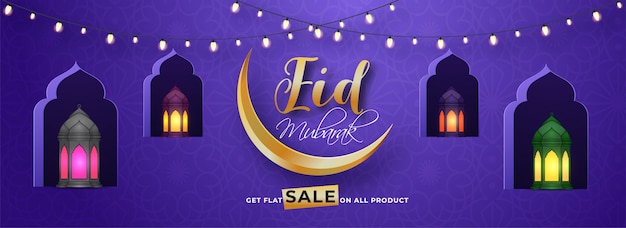 Eid mubarak sale header oder banner design mit goldenen halbmond mo Premium Vektoren
