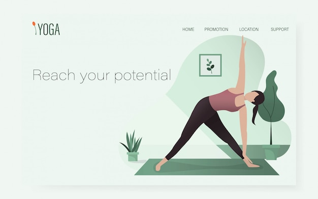 Eine Frau In Yogahaltungsposition In Ui Ux Websiteschablone Gesunder Sport Zu Hause Premium Vektor