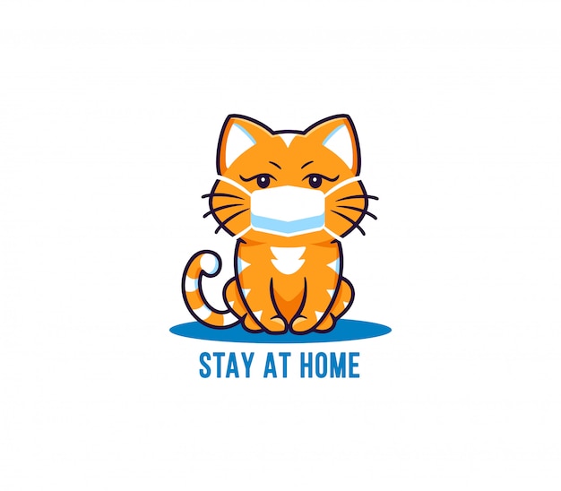Eine Kleine Katze Logo Mit Text Bleiben Sie Zu Hause Fur Die Coronavirus Epidemie Lustige Katzchen Zeichentrickfigur Premium Vektor
