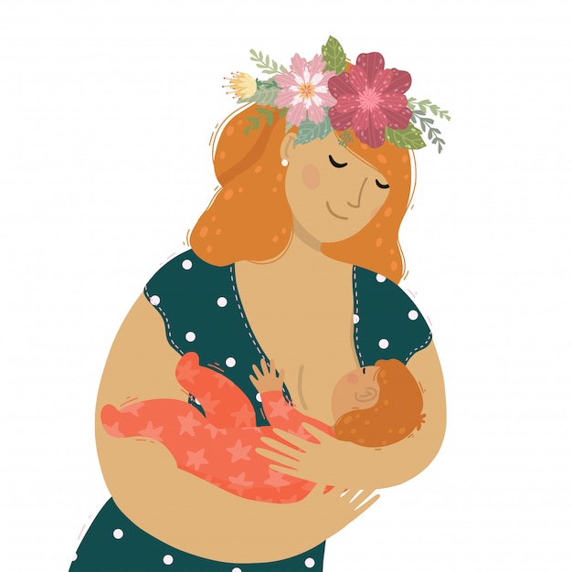 Eine schöne mutter mit blumen im haar, das ihr babykind stillt. Premium Vektoren
