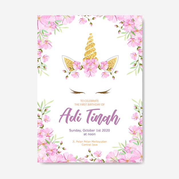 Einhorn einladungskarte mit blumenkranz und goldglitter Premium Vektoren