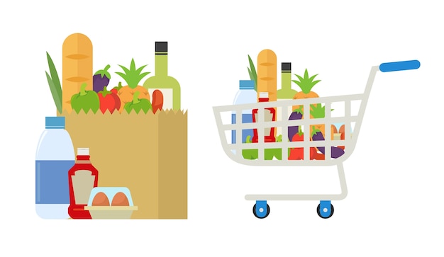 Einkaufswagen Voll Von Essen Trinken Und Obst Im Inneren Premium Vektor