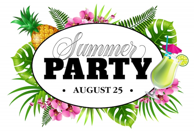 Einladung Des Sommerparty August Funfundzwanzig Mit Palmblattern Blumen Ananas Kostenlose Vektor