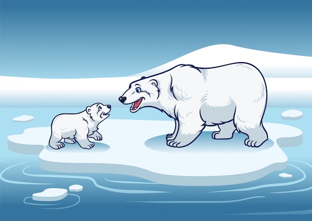Eisbär und ihr junges, das oben auf dem eis steht Premium Vektoren
