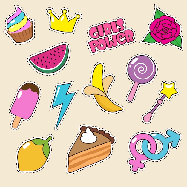 Eiscreme, prinzessinkrone und süßigkeitslutscheraufkleber. mädchen mode patches Premium Vektoren