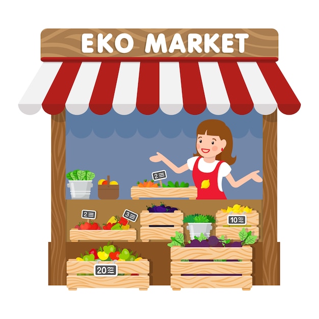 Eko Markt Lebensmittel Kiosk Flache Vektor Illustration Premium Vektor