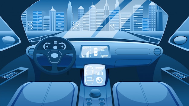 Elektrofahrzeug-interface-design. elektrofahrzeug-armaturenbrett des intelligenten autos. virtuelle steuerung von stadtverkehrsstraßen. elektroauto. innenraum des autosalons. Premium Vektoren