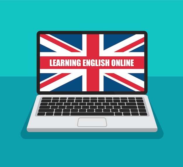 Englisch Online Lernen Grossbritannien Flagge Auf Einem Laptop Display Im Trendigen Flachen Stil Sommer Englisch Kurse Konzept Premium Vektor