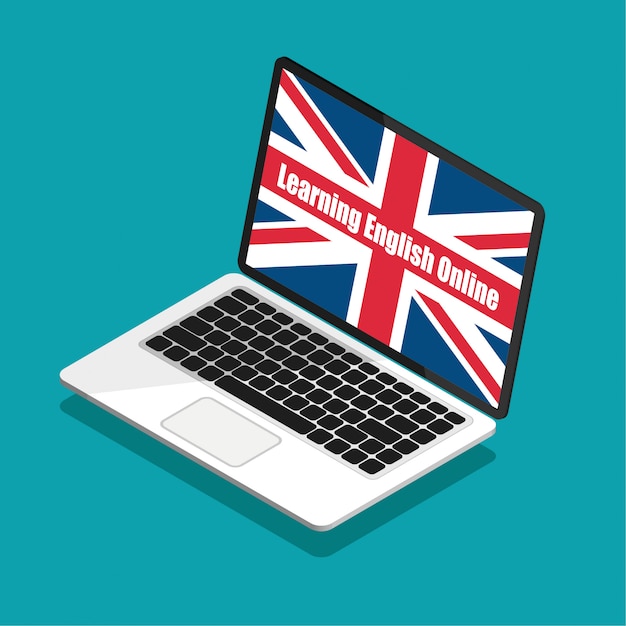 Englisch Online Lernen Grossbritannien Flagge Auf Einem Laptop Display Im Trendigen Isometrischen Stil Sommer Englisch Kurse Konzept Premium Vektor