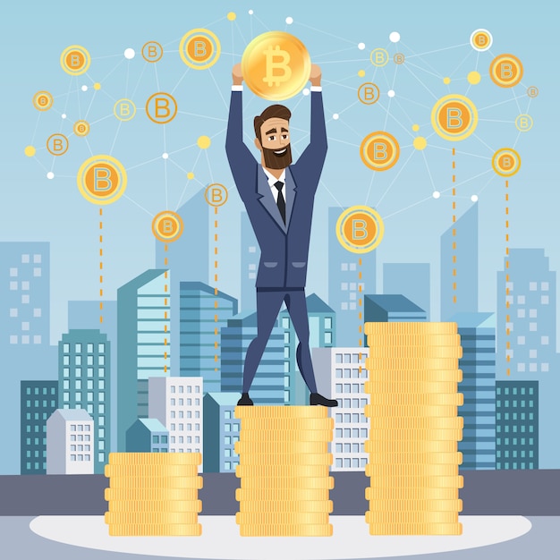 Erfolgreicher geschäftsmann mit bitcoin. Premium Vektoren