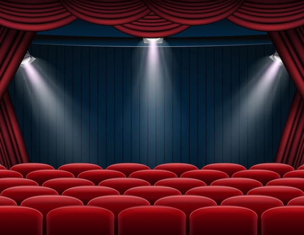 Erstklassiger roter vorhangstadiums-, theater- oder opernhintergrund mit scheinwerfer Premium Vektoren