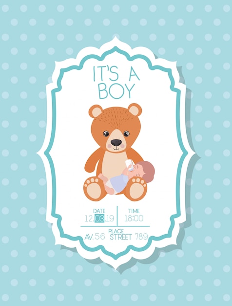 Es Ist Eine Jungen Babyparty Karte Mit Kinder Und Barenteddy Kostenlose Vektor