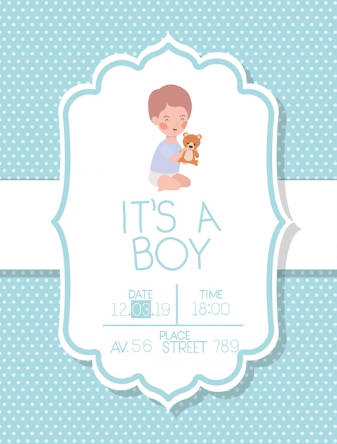 Es Ist Eine Jungen Babyparty Karte Mit Kinder Und Barenteddy Kostenlose Vektor