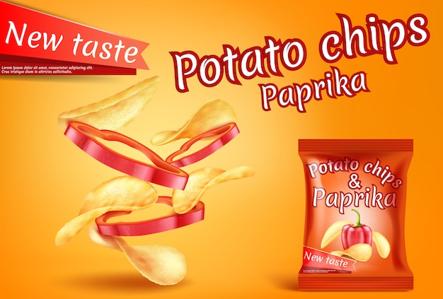 Fahne mit realistischen kartoffelchips und paprikascheiben. Kostenlosen Vektoren