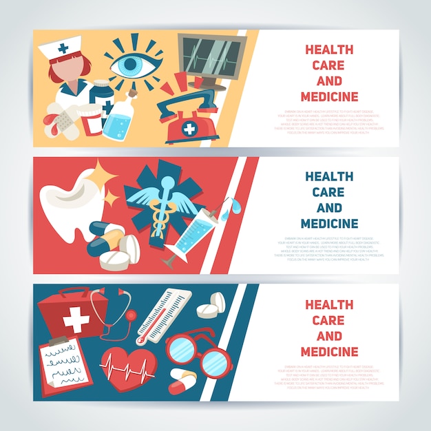 Fahnen-schablonensatz des gesundheitswesens und der medizin lokalisierte medizinischer horizontaler vektorillustration. Kostenlosen Vektoren