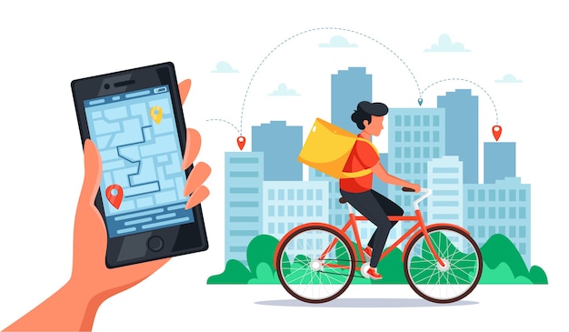 Fahrrad Lieferservice Konzept Kurier Fahren Mit Dem Fahrrad Mit Lieferbox Hand Halten Smartphone Mit Online Tracking Im Flachen Stil Premium Vektor