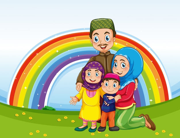 Familie In Traditioneller Kleidung Mit Regenbogenhintergrund Premium Vektor