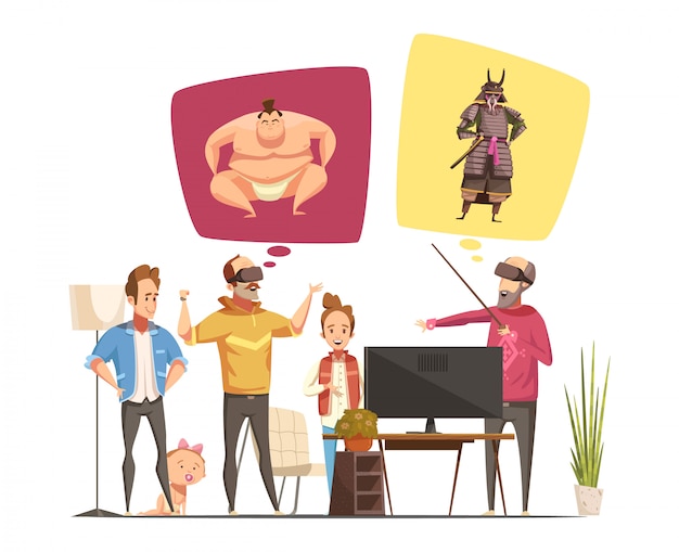 Familienhobbys-konzept des entwurfes mit familienmitgliedkarikaturfigürchen und ihrer flachen vektorillustration der gläser der virtuellen realität Kostenlosen Vektoren