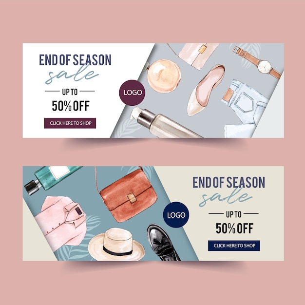 Fashion banner design mit parfüm, outfit, accessoires Kostenlosen Vektoren