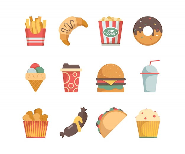 Fast Food Symbole Hamburger Pizza Wurstchen Snacks Sandwich Eis Essen Menu Flache Bilder Premium Vektor