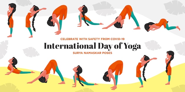 Feiern Sie Mit Sicherheit Von Covid 19 Internationalen Tag Des Yoga Surya Namaskar Posen Banner Vorlage Premium Vektor