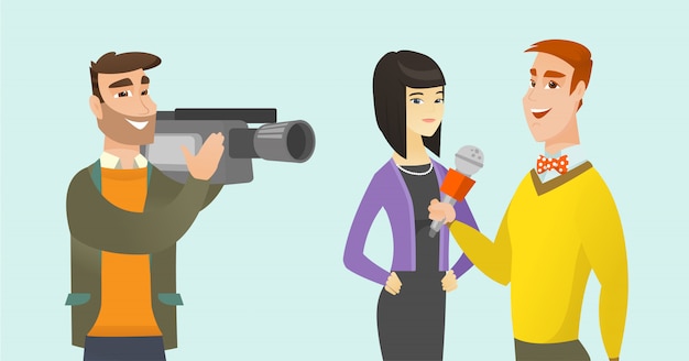 Fernsehinterview-vektorkarikaturillustration. Premium Vektoren