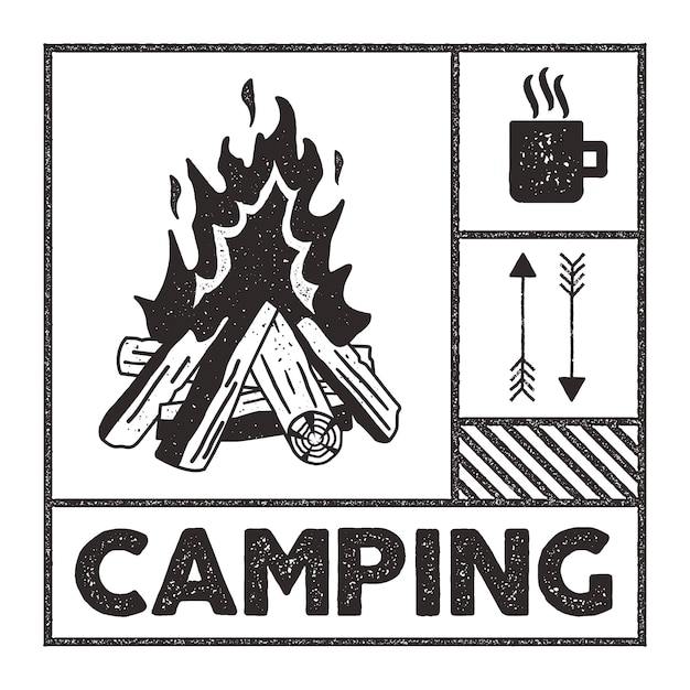 Fernweh Camping Stempel Hand Gezeichnete Druckkleidungsgrafiken Der Alten Schule Lagerfeuer Becher Und Pfeilsymbole Strukturierter Stempeleffekt Vintage Stil Premium Vektor