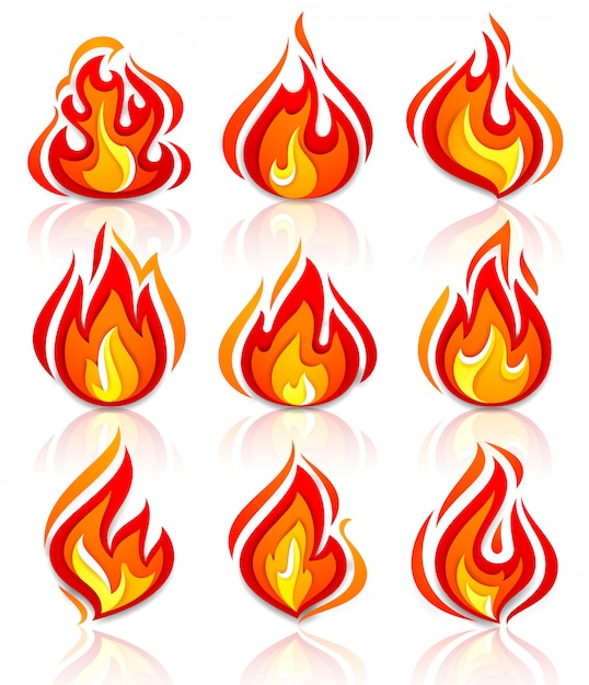 Feuer flammen neu mit reflektion gesetzt Premium Vektoren