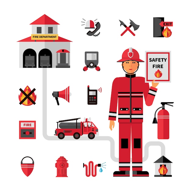 Feuerwehr Flache Icons Set Kostenlose Vektor