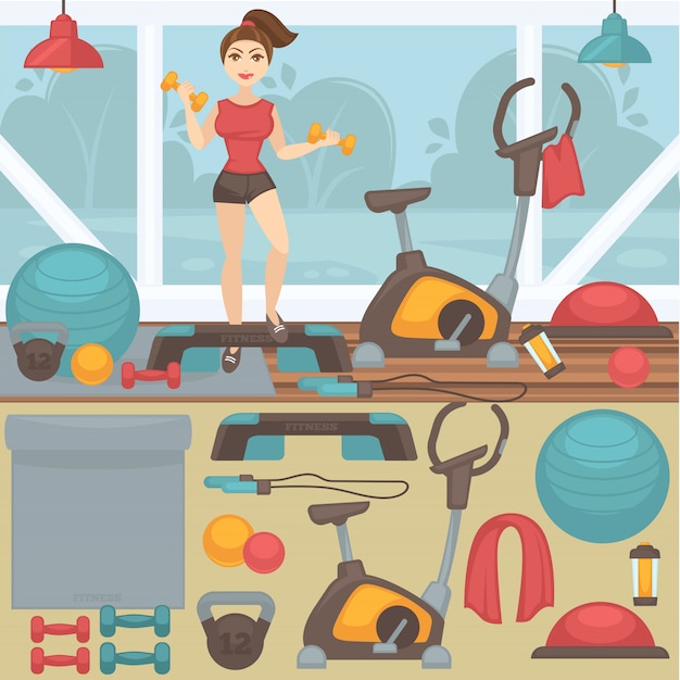 Fitnessgeräte und fitnessraum. Premium Vektoren