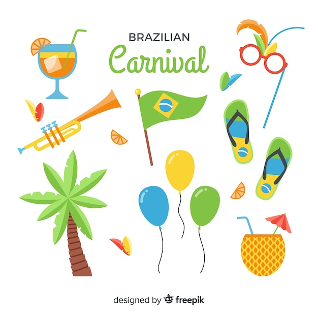 Flache brasilianische karneval elemente gesetzt Kostenlosen Vektoren