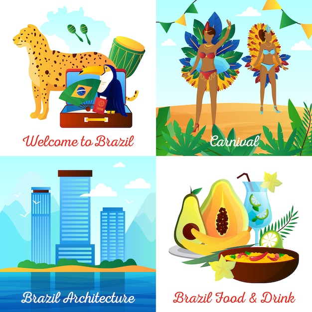 Flache elemente und quadratische zusammensetzung der charaktere brasiliens mit marksteinlebensmittelgetränken und nationale symbole lokalisierten vektorillustration Kostenlosen Vektoren