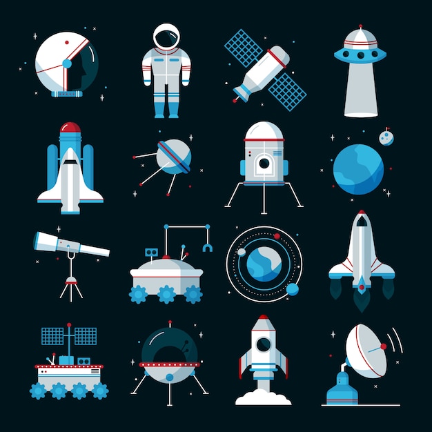 Flache ikonen der raumfahrzeuge stellten mit kosmonautenraumanzug und -ausrüstung ein Kostenlosen Vektoren