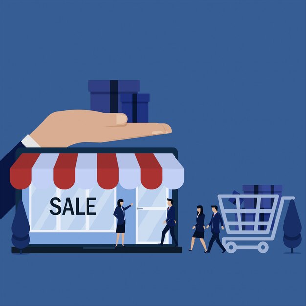 Flache vektorkonzeptleute des geschäfts gehen, auf laptop zu speichern, um metapher des online-shops zu kaufen. Premium Vektoren